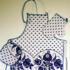 NWT Russian 100% Linen Kitchen Gzhel Set 3-Pcs Imported from Russia